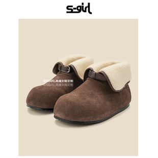 SGIRL 翻边两穿平底毛毛短靴子 TWTW保暖加绒勃肯雪地靴女2025冬季