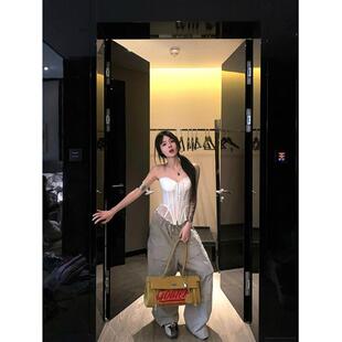 蕾丝拼接美背抹胸背心女夏季鱼骨胸衣修身设计感外穿辣妹白色上衣