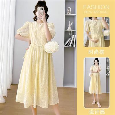 孕妇夏装连衣裙淡黄色长裙2025新款小清新大码短袖夏季裙子时尚