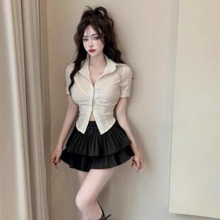 夜场女装职业OL风紧身收腰短袖衬衫气质辣妹性感V领百搭短款上衣