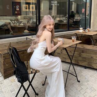 子两件套 白色挂脖背心高腰宽松阔腿休闲长裤 老钱风棉麻套装 女夏季