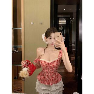 草莓印花甜辣妹吊带背心女夏季红色格子修身无袖外穿短款绝美上衣