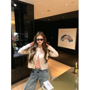 设计感圆领长袖白色衬衫女夏季蕾丝提花宽松防晒外套短款开衫上衣