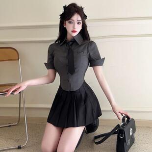 夏季jk制服灰色短款衬衫女装短袖学院风纯欲收腰紧身衬衣领带上衣