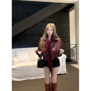 复古红色翻领pu皮外套女冬季 辣妹皮衣夹克上衣休闲拉链机车服 美式