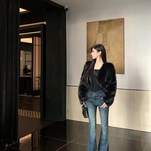 上衣 宽松高级感保暖气质开衫 黑色皮毛一体长袖 环保皮草外套女冬季