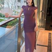 包臀连衣裙 紫色改良旗袍性感开叉修身 覆古新中式 网纱镂空盘扣短袖