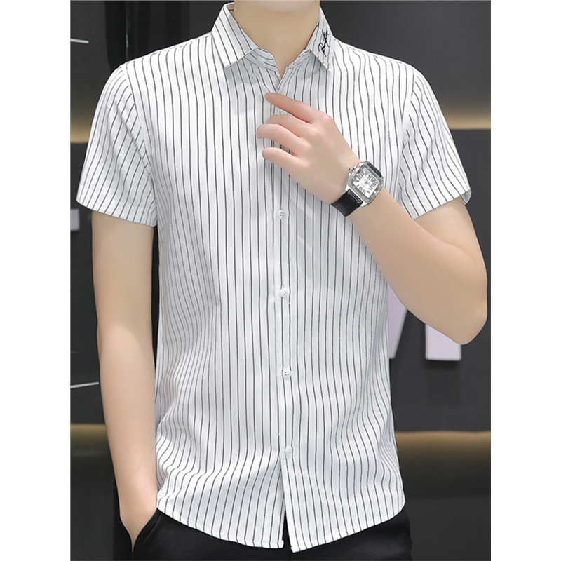 yishion以纯官方网店铺正品男款冰丝短袖条纹衬衫男士夏季超薄衣