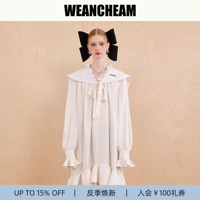 【反季焕新】WEancheAM/未未姆 FW24早秋新品海军领抽皱连衣裙女