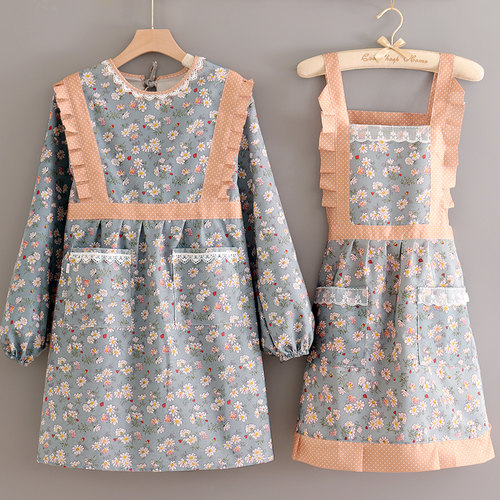 家用厨房长袖围裙帆布透气韩版可爱防污耐磨