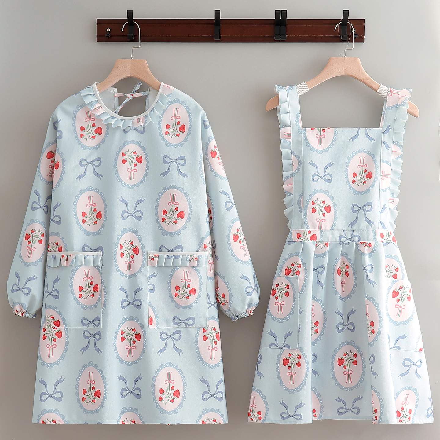 可爱家用帆布印花长袖围裙套装