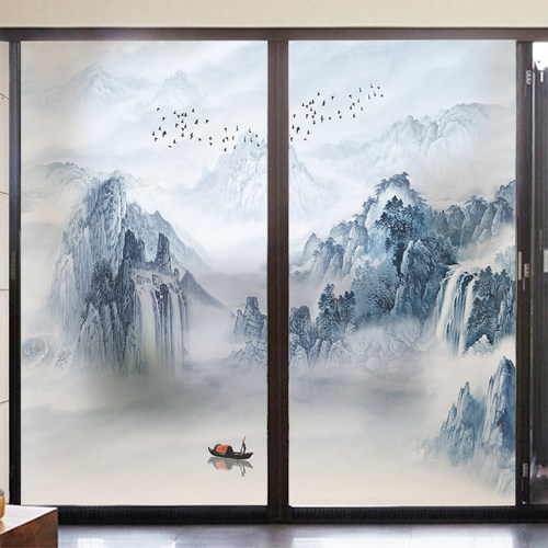 风景画 画客厅阳台拉门玻璃贴膜透光不透人浴室窗户磨砂贴纸防偷