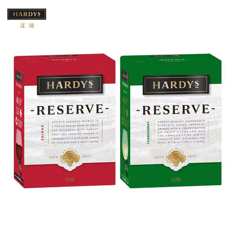 HARDYS夏迪葡萄酒珍藏西拉干红+霞多丽干白3L袋装澳洲原装2盒装