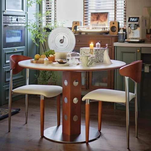 中古风实木小圆桌轻奢高级感洽谈桌包豪斯岩板餐桌家用小户型饭桌