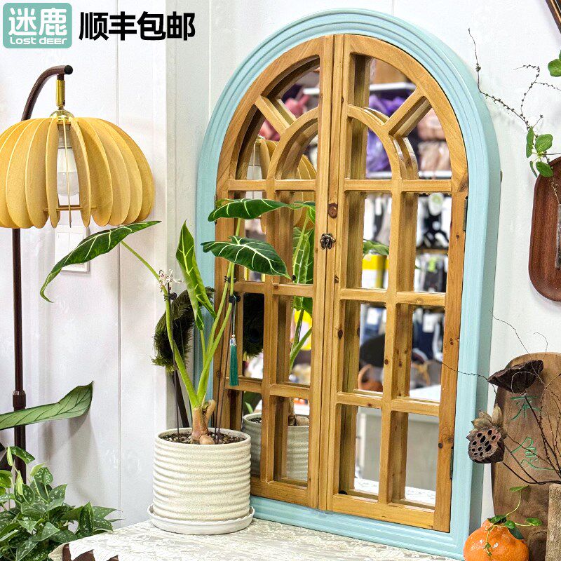 复古实木拱形蓝木色对开假窗壁挂家居相片墙饰花园酒店装饰假窗镜