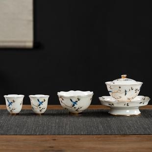 家用轻奢陶瓷功夫泡茶盖碗带壶承茶器整套 白瓷羊脂玉茶具套装