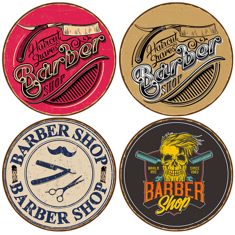 2025新款barber shop圆形复古铁皮画 理发店背景墙壁无框装饰挂画图片