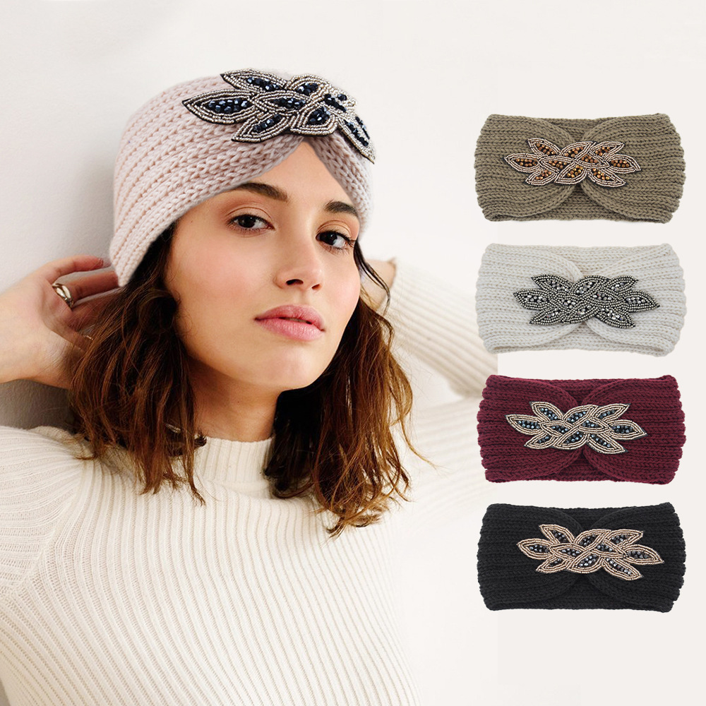 跨境镶钻串珠针织发带保暖护耳头带欧美束发带瑜伽毛线洗脸宽头套