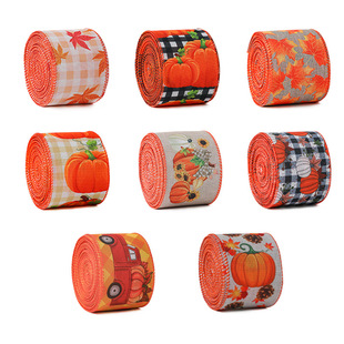亚马逊新款感恩节丝带秋收主题织带黄色枫叶南瓜格子拷边装饰彩带