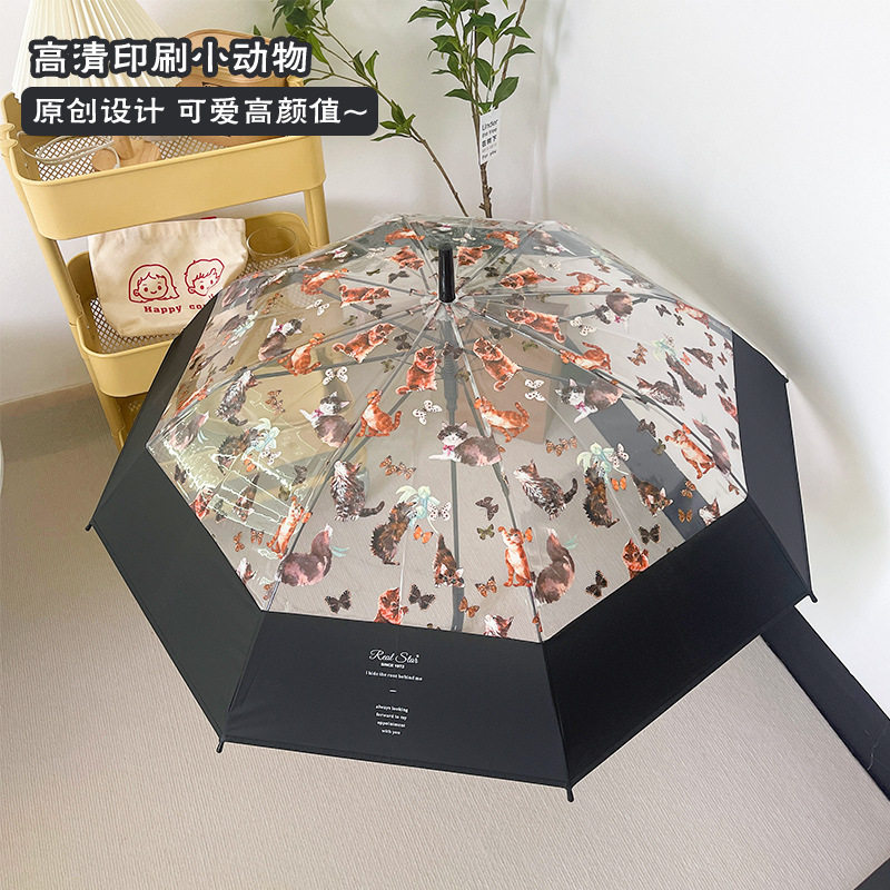 韩风ins复古油画感透明猫咪雨伞