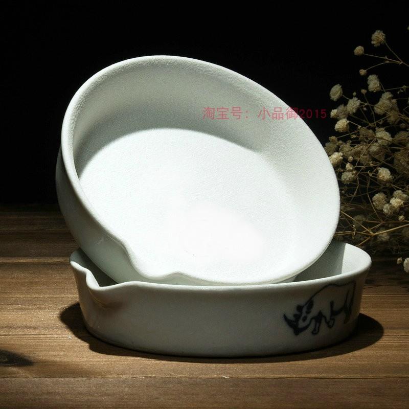 进口手工犀 牛角磨接水盘 磨盆 陶瓷磨盘 水牛角羚羊角磨盘磨碗加