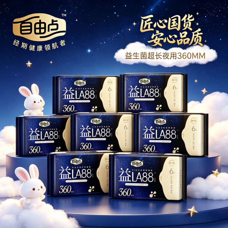 自由点卫生巾益生菌LA88超长夜用360棉柔超薄姨妈巾学生旗舰正品