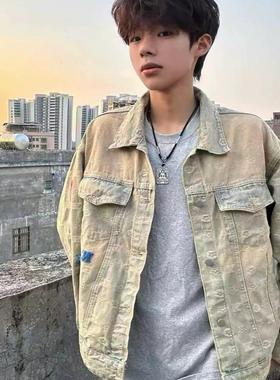 网红同款美式街头黄泥水洗做旧复古牛仔衣男女宽松潮牌夹克外套潮