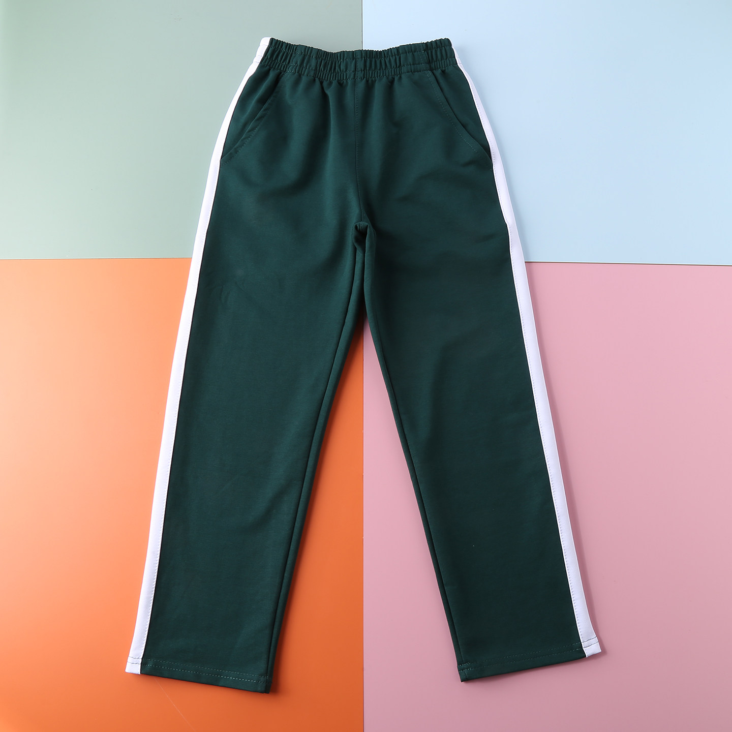 学院风墨绿宽白杠直筒校服裤