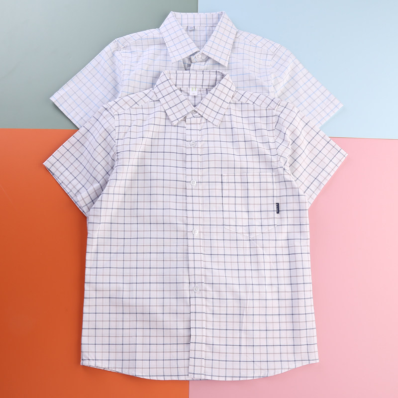 儿童短袖格子衬衫白色男童女童夏装纯棉高中学小学生校服班服衬衣