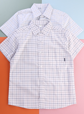 儿童短袖格子衬衫白色男童女童夏装纯棉高中学小学生校服班服衬衣