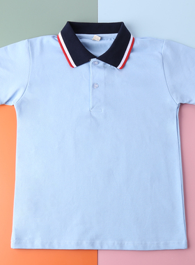 夏装T恤学院风校服polo衫短袖夏季中小学生透气纯棉质浅蓝色班服