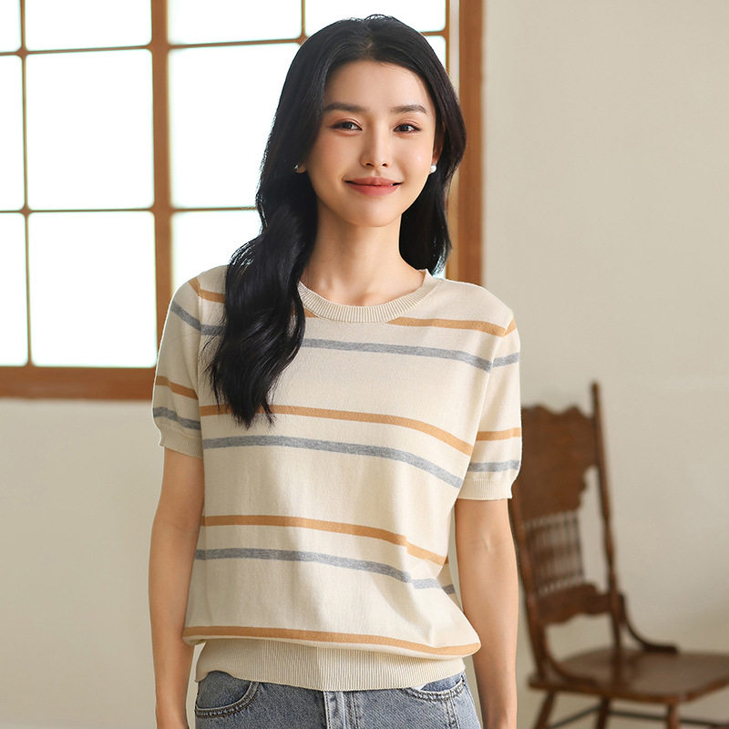 圆领纯棉针织短袖女宽松条纹背心打底衫洋气薄款内搭棉麻短袖体恤