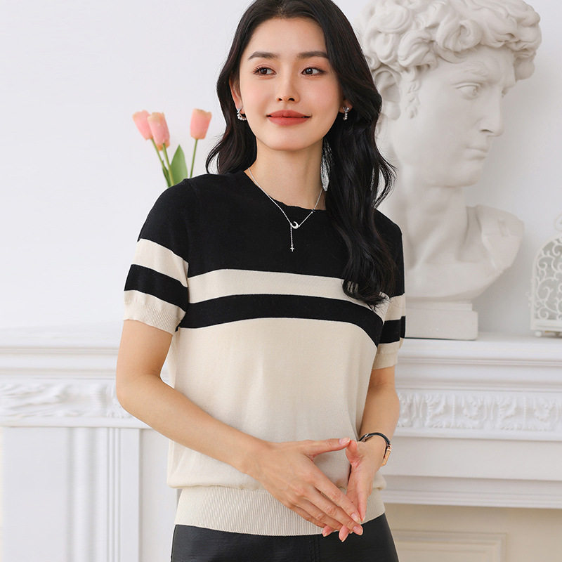 夏季新款针织衫女短袖纯棉线圆领打底衫全棉宽松条纹套头正肩上衣
