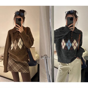 2026慵懒风菱格毛线衣女款美拉德穿搭冬装polo领针织衫打底上衣
