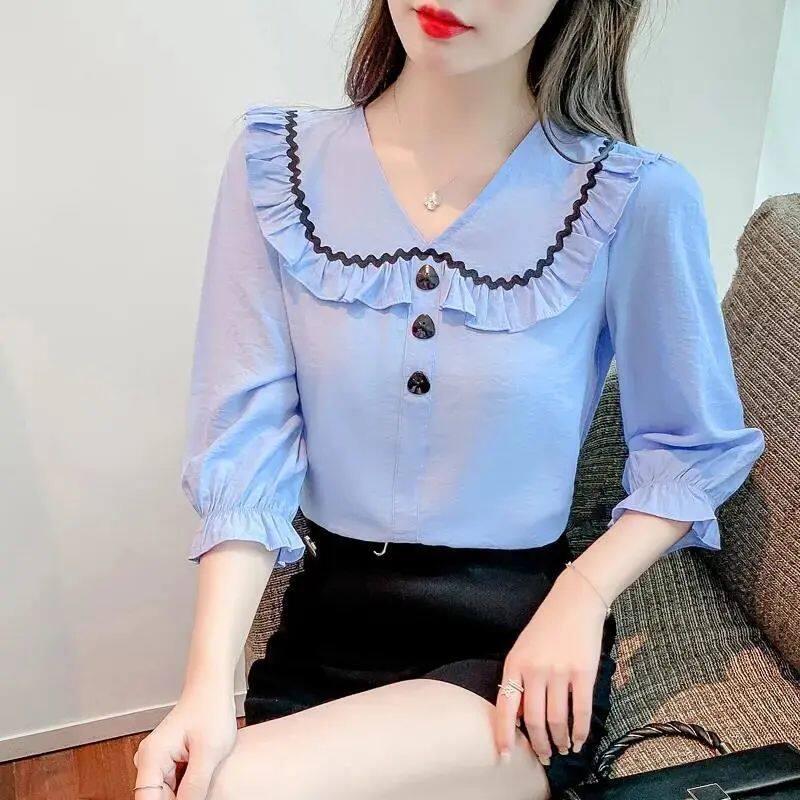 新款显瘦夏季韩版娃娃领衬衫女遮肉洋气潮流淑女上衣年轻复古小衫