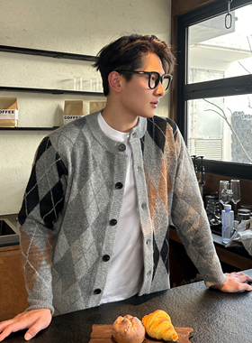 TTYM*撞色几何图案秋冬高级感毛衣开衫男宽松休闲针织衫
