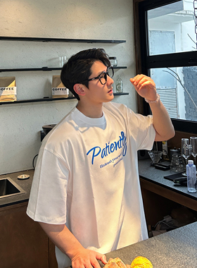 TTYM*夏季Patiently印花宽松纯棉短袖T恤百搭潮流字母男女落肩白