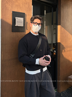 TTYM秋冬复古撞色假两件开衫毛衣男女潮牌宽松情侣针织衫外套