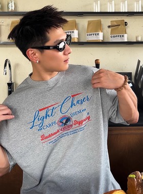 TTYM*夏季LightCha美式印花宽松纯棉短袖T恤潮字母图案男女落肩灰