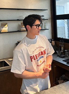 TTYM*夏季PLEASANT花宽松纯棉短袖T恤百搭潮流字母男女情侣落肩