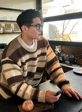 TTYM复古撞色条纹羊毛混纺针织衫男女宽松休闲氛围感套头毛衣