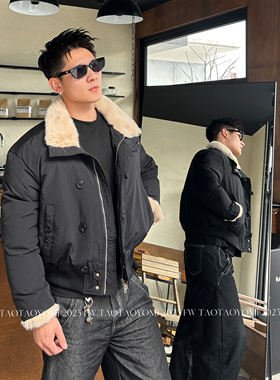 TTYM2025冬季新款美式复古立领仿貂毛排扣宽松加厚保暖棉服外套男