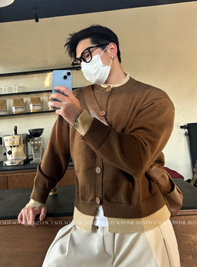 TTYM秋冬复古撞色假两件开衫毛衣男女潮牌宽松情侣针织衫外套