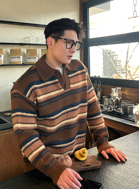 TTYM秋冬韩版休闲百搭V领学院风条纹撞色翻领针织衫羊毛毛衣男女