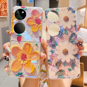适用华为p50pocket宝盒手机壳poket油画花朵pokets潮牌pockets卡通s蓝光pocet新款 女pock折叠屏p0cket高级感