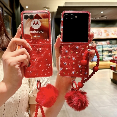适moto摩托罗拉razr60手机壳联想2024折叠屏motorazr50ultra冰川纹raza保护套ulta红色小碎花rarz50u带手链女