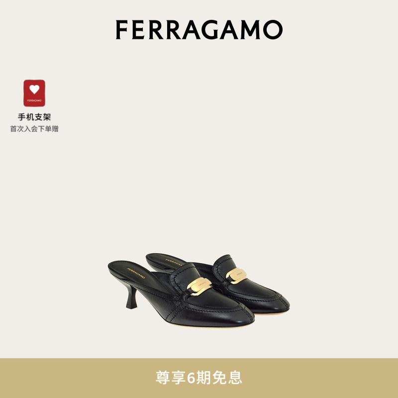 【6期免息】FERRAGAMO菲拉格慕女士金色扣饰猫跟穆勒拖鞋