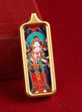 2026藏式迷你小长方唐卡画芯手绘描金本命佛扎基拉姆绿度母黄财神