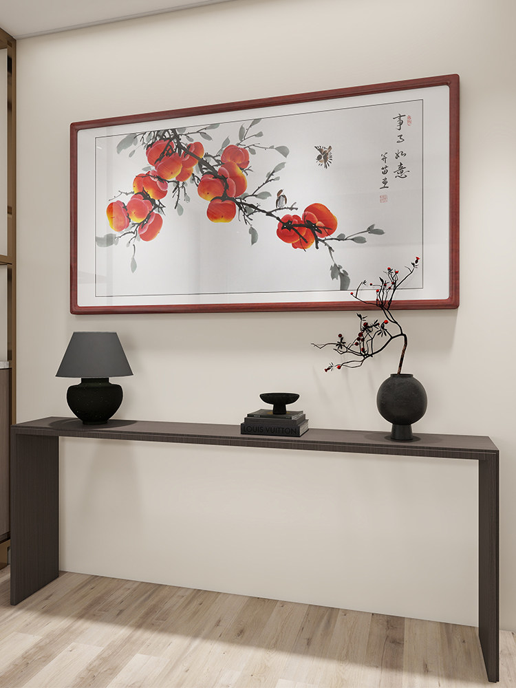 手绘国画事事如意餐厅别墅条案装饰画寓意好柿子喜鹊中式挂画横款