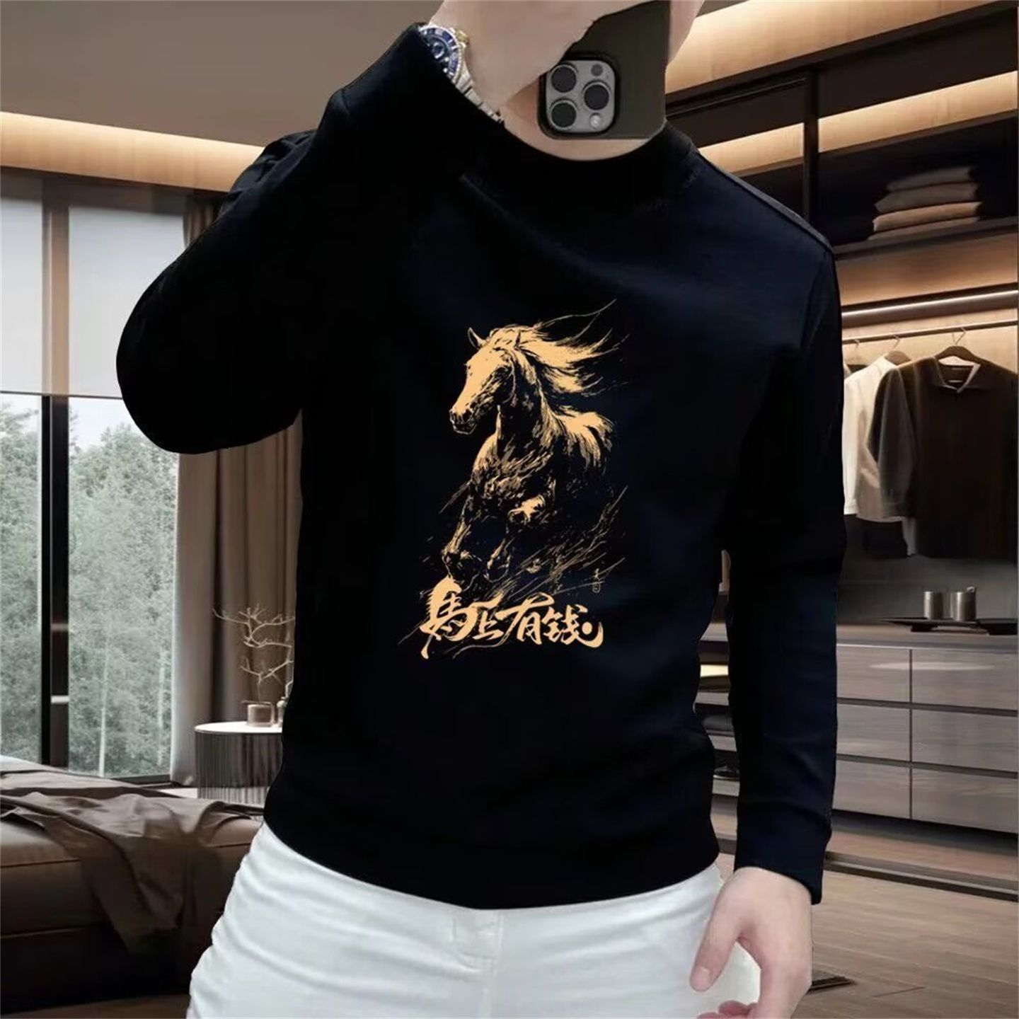 2026马年新款印花红色加绒卫衣男士本命年潮流百搭圆领长袖上衣潮